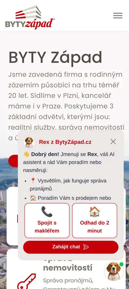 Úvodní stránka BYTY Západ na mobilu s textem o firmě a tlačítkem Vyhledat nemovitost