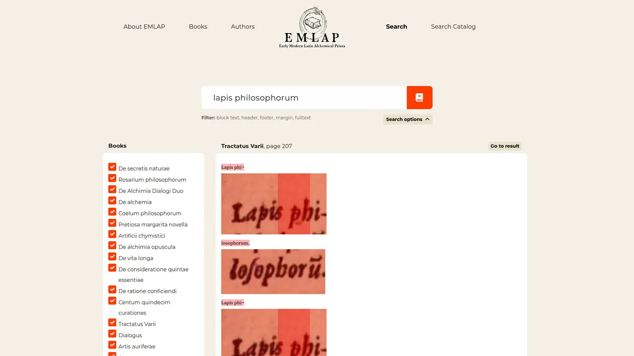 Výsledky hledání „lapis philosophorum“ v EMLAP s výřezy původních skenů