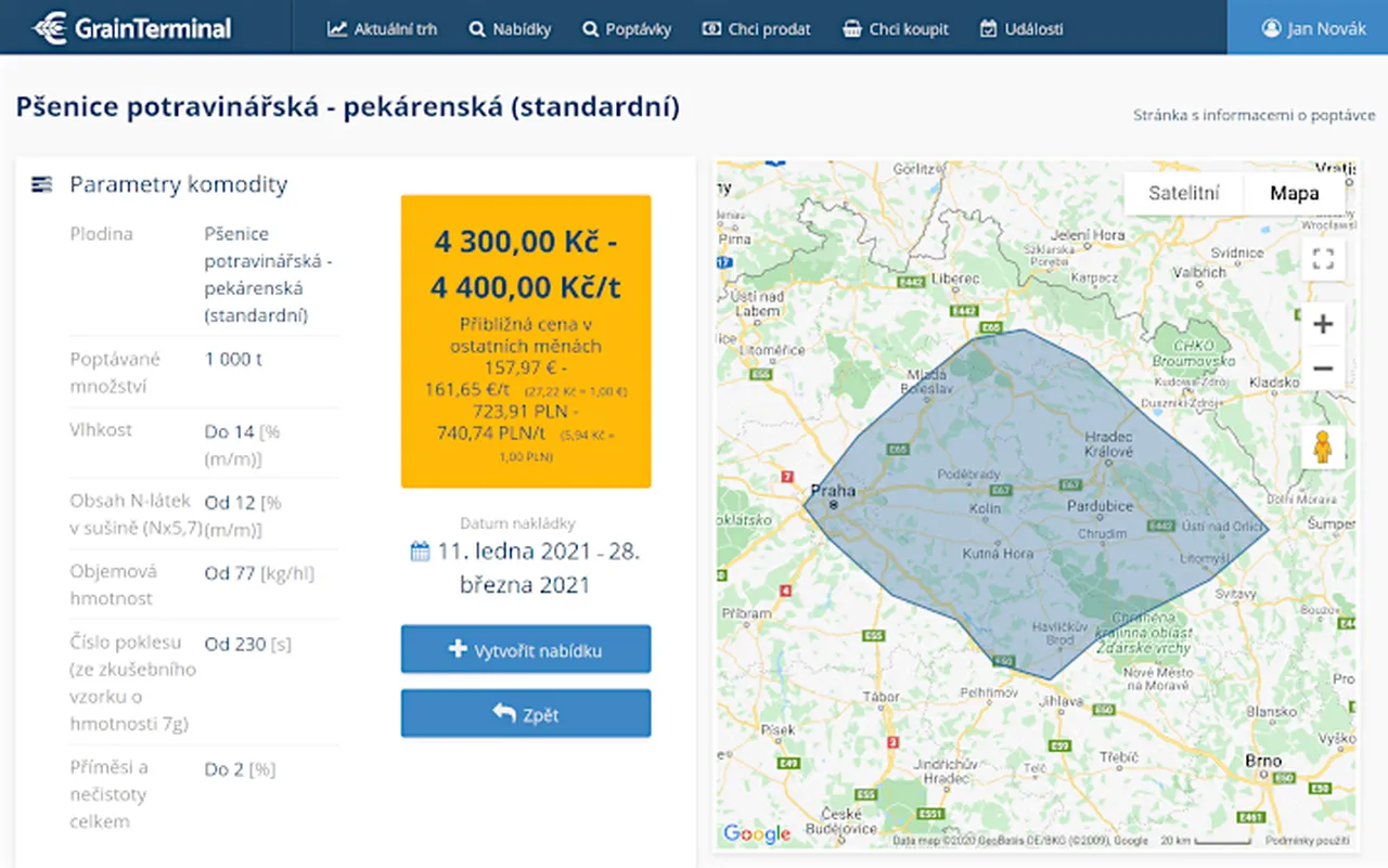 Detail poptávky s oblastí nakládky v mapě, verze Grainterminal