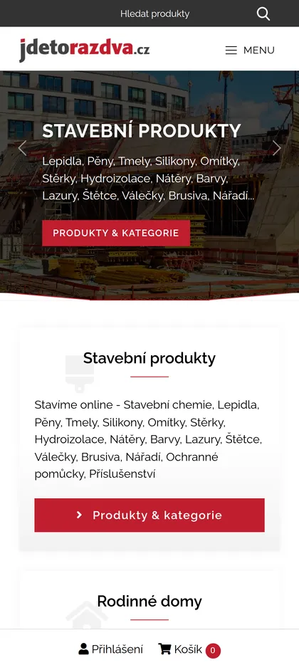 Úvodní stránka Jdetorazdva na mobilu se sliderem Stavební produkty
