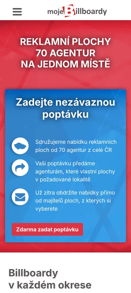 Úvodní stránka MojeBillboardy.cz na mobilu s nezávaznou poptávkou