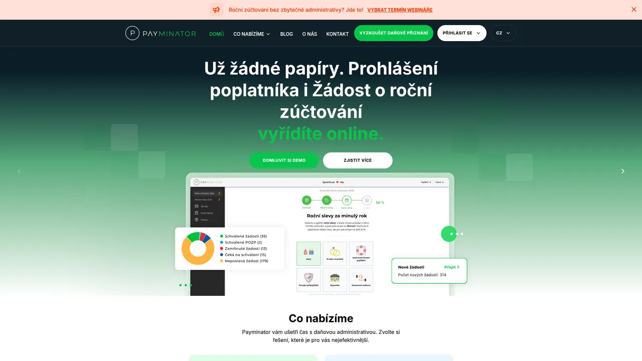 Úvodní stránka webu Payminator s lištou o webináři a ukázkou aplikace