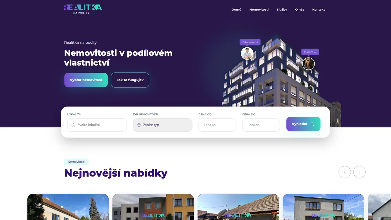 Úvodní stránka Realitky na podíly s nadpisem „Nemovitosti v podílovém vlastnictví“ a hledáním podle lokality, typu a ceny